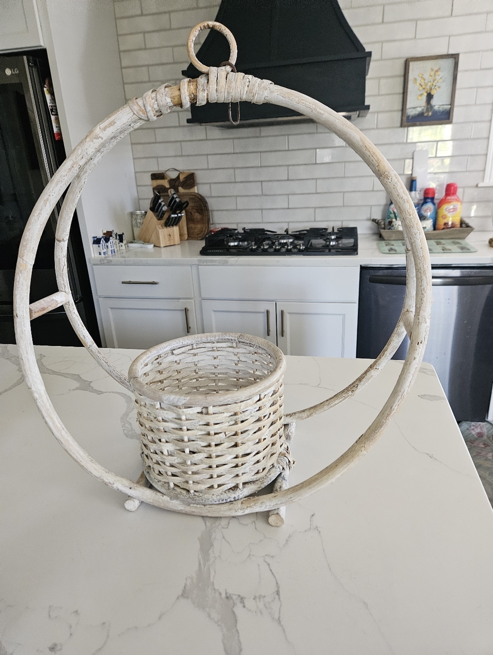 Vintage Bent Bamboo Rattan Wood Hanging Basket Hoop Planter Boho MCM